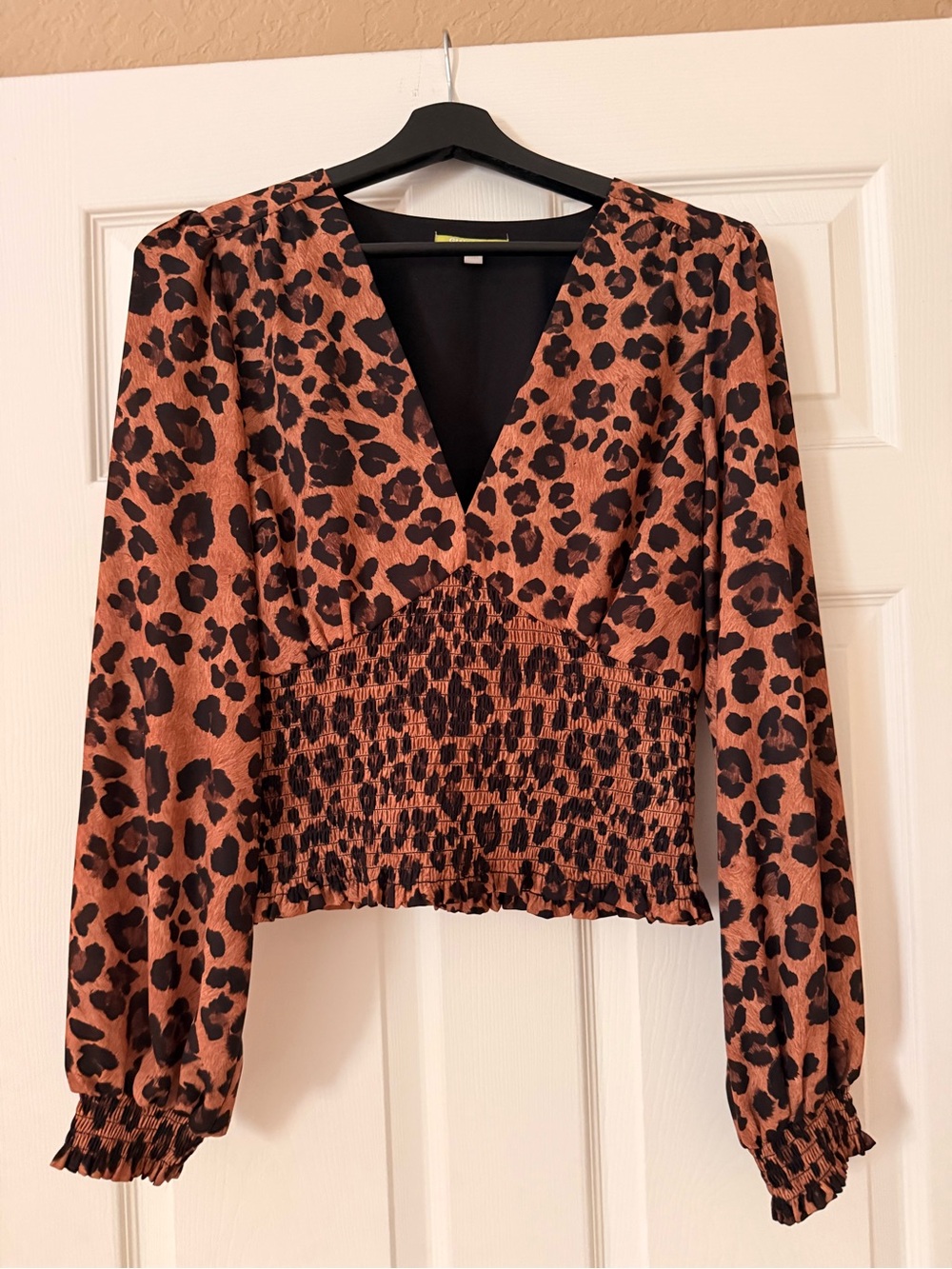 Gianni Bini Leopard Print V-Neck Smocked Waist Top - Brown